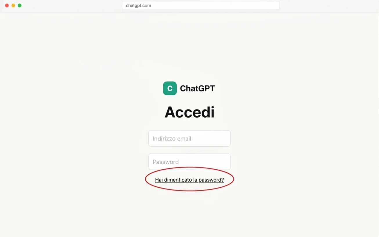 La pagina di accesso chatgpt.com con il link "Hai dimenticato la password?" in evidenza (illustrazione ricostruita)