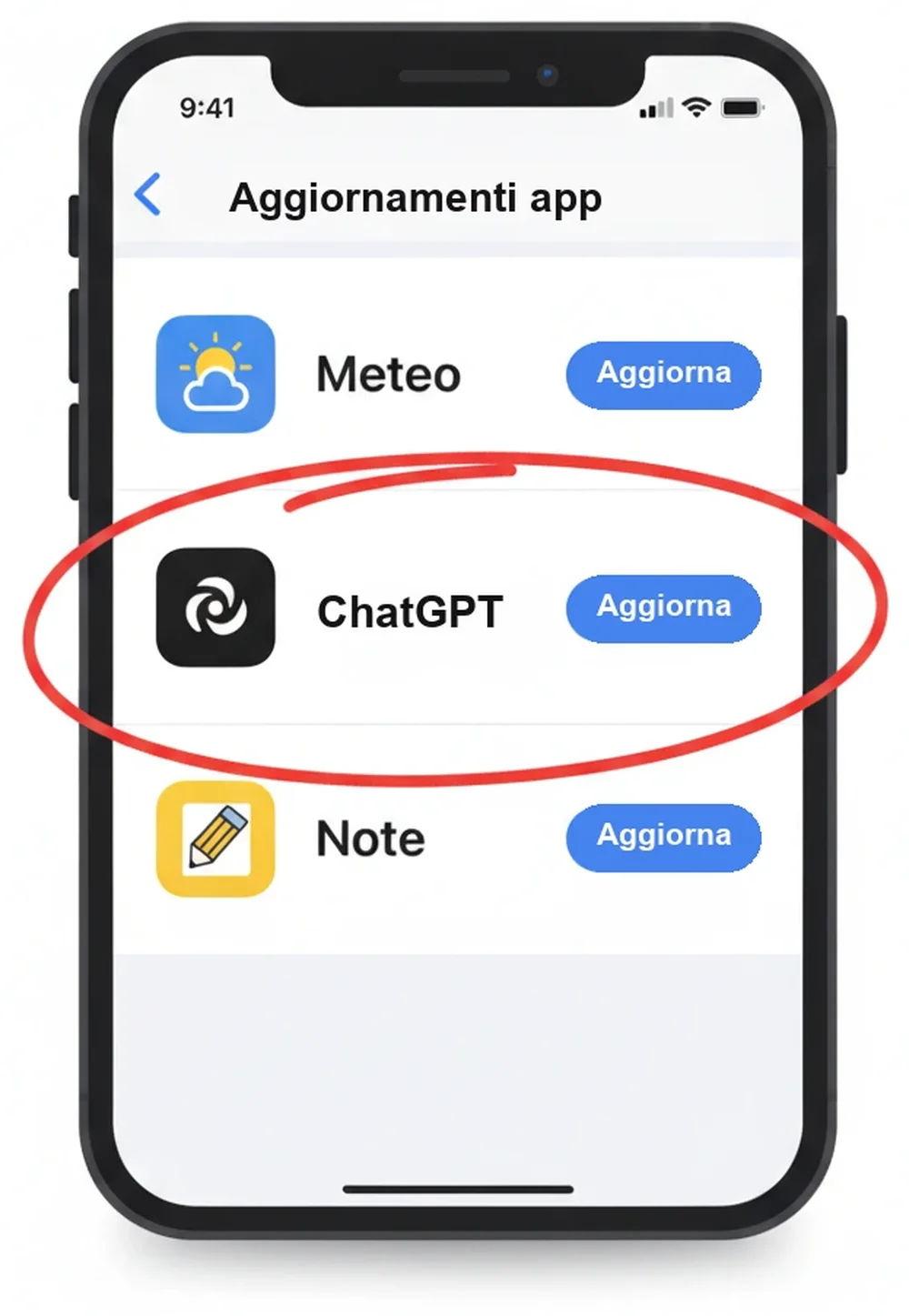 Ricostruzione della schermata App Store con l'app ChatGPT e il pulsante «Aggiorna» in evidenza