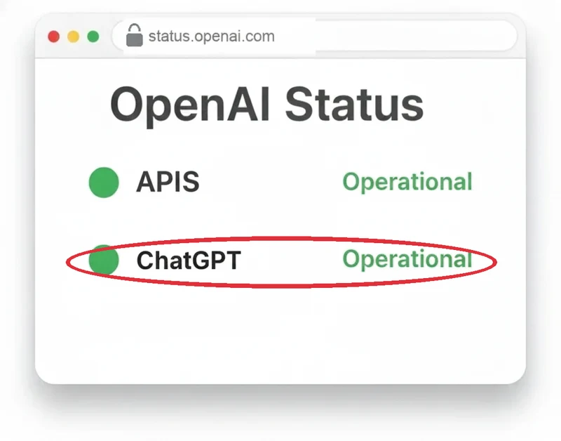 Ricostruzione della pagina status.openai.com, con le categorie «APIs» e «ChatGPT» entrambe segnalate come «Operational» e «ChatGPT» cerchiata in rosso