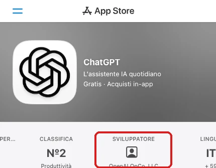 La scheda di ChatGPT su App Store con il nome dello sviluppatore «OpenAI OpCo, LLC» messo in evidenza. Screenshot reale di apps.apple.com, preso il 7 ottobre 2026 — nessun dato personale presente (pagina pubblica, nessun login).