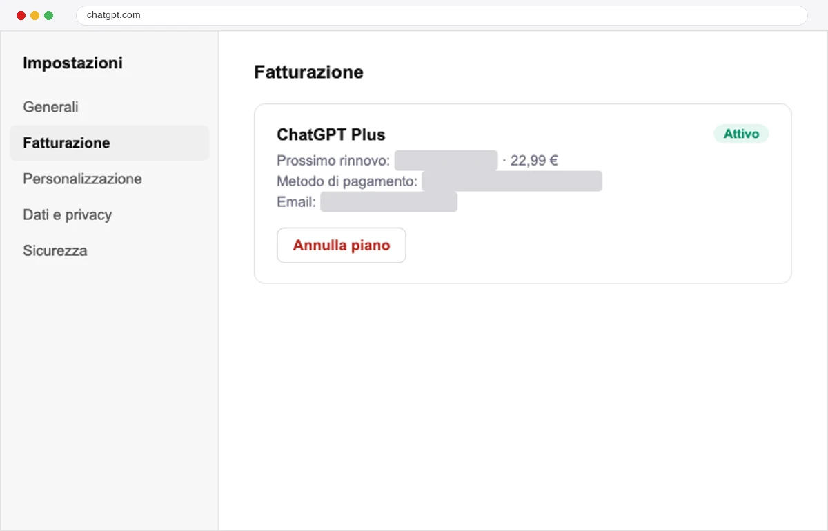 La schermata Impostazioni → Fatturazione su chatgpt.com, con email e dati di pagamento coperti. Illustrazione ricostruita: non è uno screenshot reale, nessun account usato.