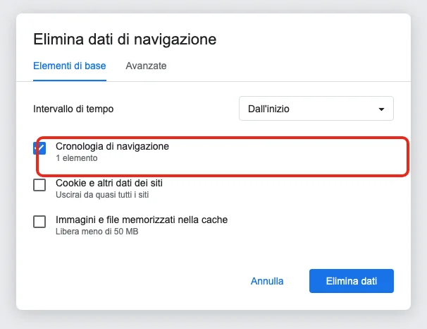 Ricostruzione della finestra «Elimina dati di navigazione» di Chrome su computer: intervallo di tempo impostato su «Dall'inizio» e casella «Cronologia di navigazione» selezionata