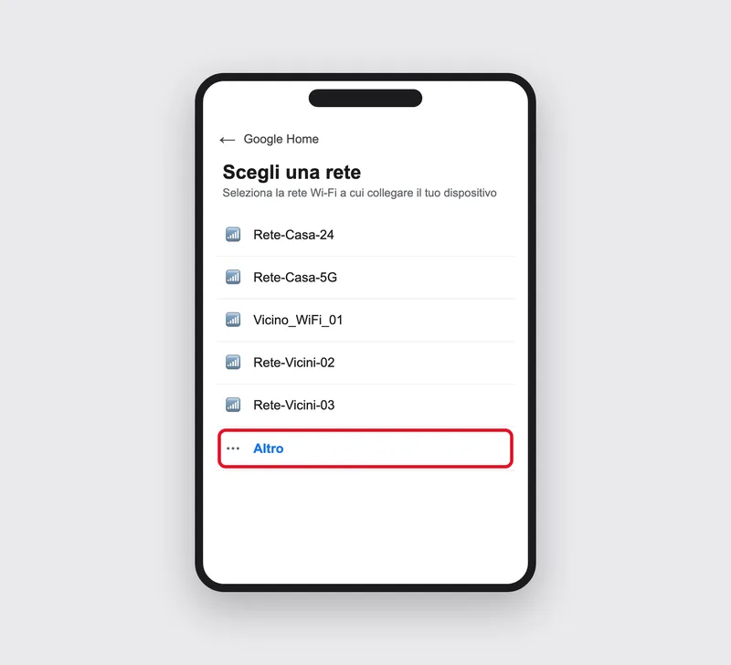 La schermata dell'app Google Home durante la configurazione, con la voce «Altro» in fondo all'elenco delle reti Wi-Fi per inserirne una nascosta a mano. Illustrazione ricostruita: non è uno screenshot reale (serve configurare da zero un Chromecast delle generazioni più vecchie), ma riproduce fedelmente il percorso descritto qui sopra.