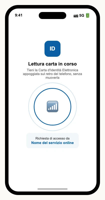 La schermata dell'app CieID durante la lettura NFC della carta, con la richiesta di accesso a un servizio online. Illustrazione ricostruita: nessuna CIE vera usata, il nome del servizio è un segnaposto dichiarato.