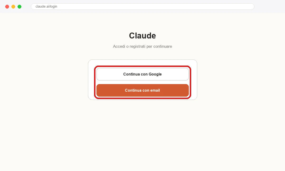 La pagina di accesso su claude.ai, coi pulsanti «Continua con Google» e «Continua con email» (ricostruzione, non una schermata reale: la pagina vera si apre solo da browser con sessione pulita, non riprodotta come screenshot sulle fonti ufficiali)