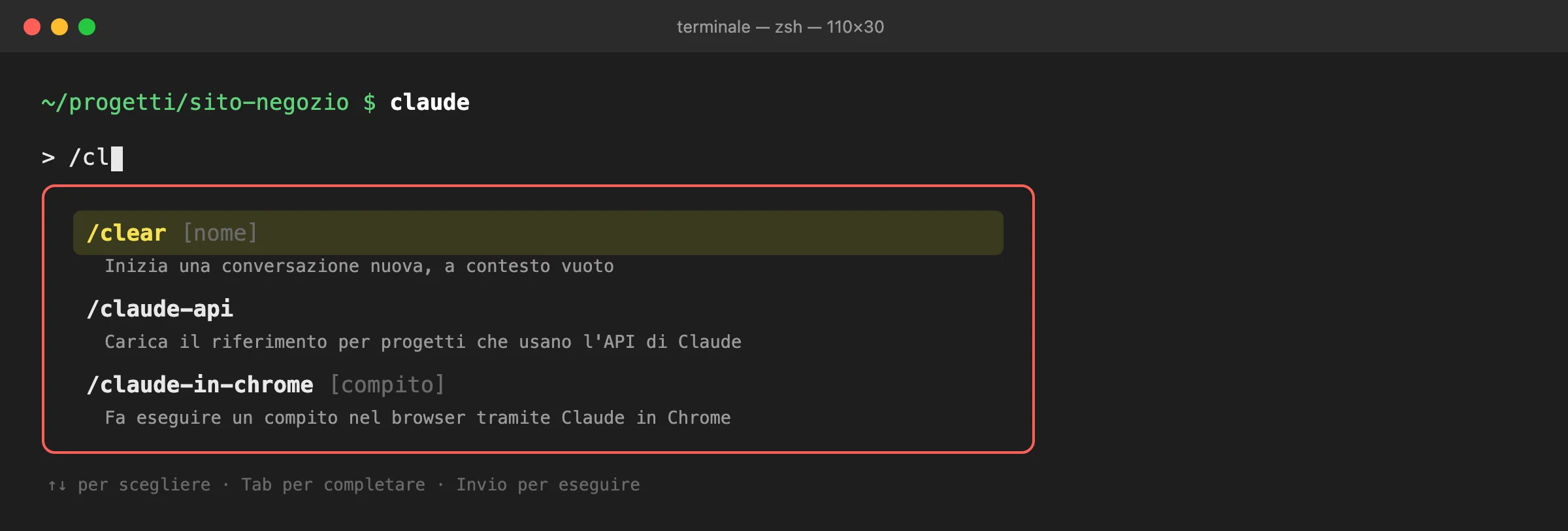 Il menu che si apre scrivendo /cl nel terminale di Claude Code: /clear evidenziato come primo suggerimento, con sotto gli altri comandi che iniziano per «cl»