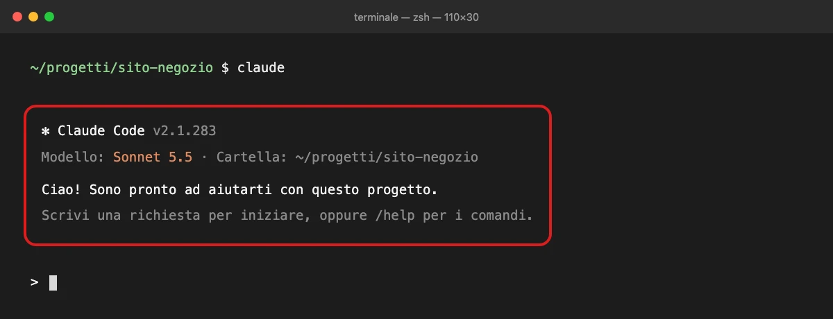 Il terminale dopo aver avviato il comando claude, con il primo messaggio di benvenuto di Claude Code