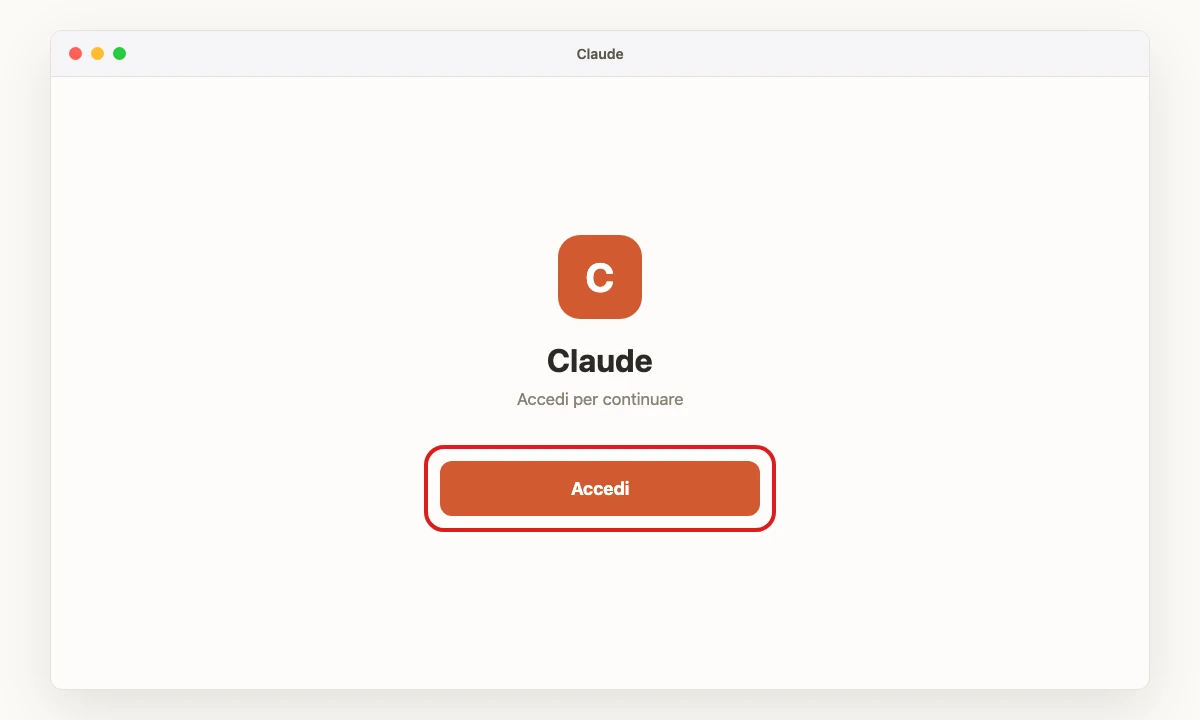La finestra dell'app Desktop di Claude, con la schermata di accesso — pulsante generico: non è confermato se mostra gli stessi due pulsanti del sito, vedi testo