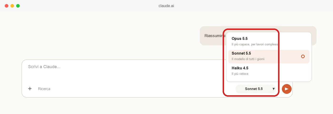 Il selettore del modello accanto al pulsante di invio su claude.ai, col menu aperto su Opus, Sonnet e Haiku (ricostruzione, non una schermata reale: le fonti ufficiali descrivono il selettore a parole ma non ne pubblicano uno screenshot con il menu aperto)