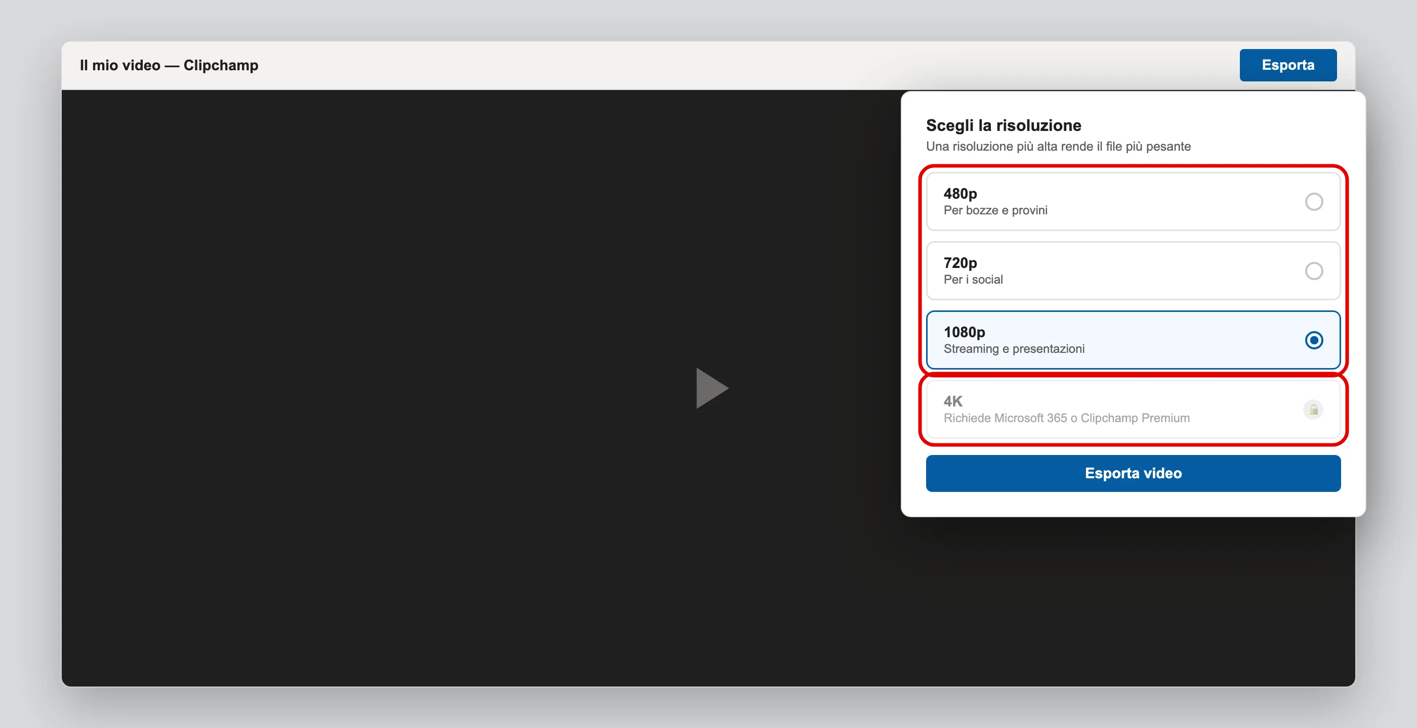 Clipchamp, schermata di esportazione: le tre risoluzioni gratuite (480p, 720p, 1080p) e il 4K mostrato bloccato, riservato all'abbonamento — illustrazione ricostruita