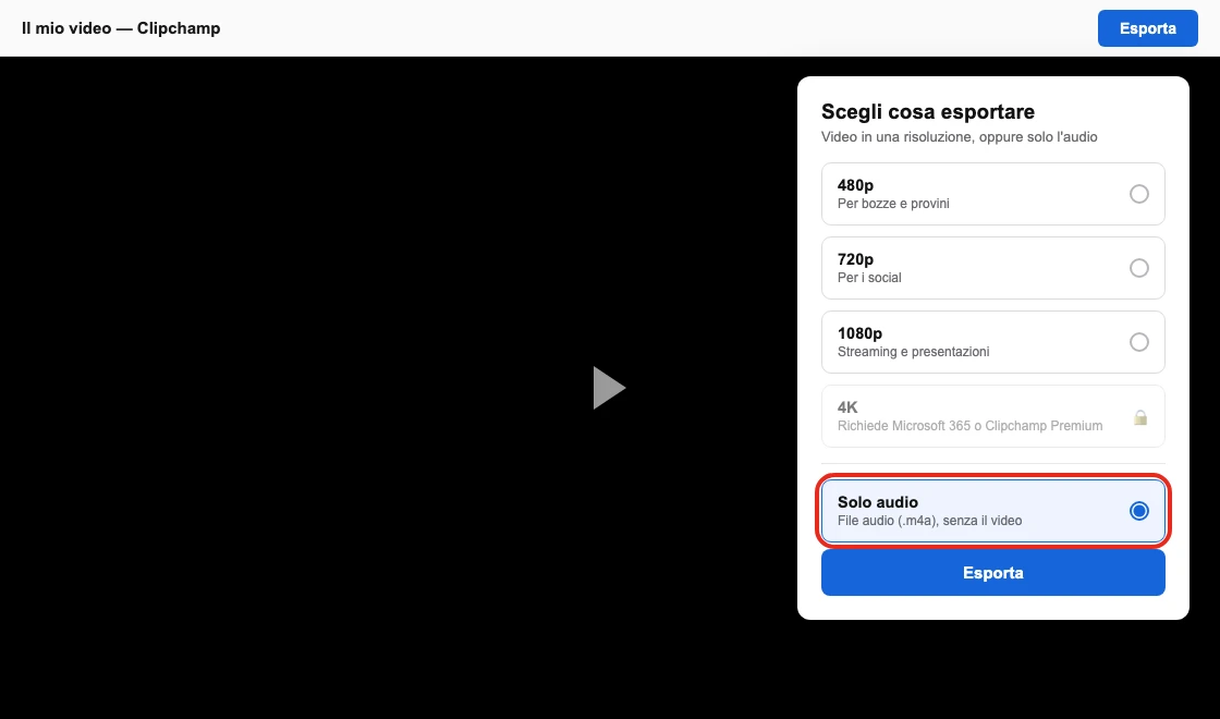 La schermata di esportazione di Clipchamp, con l'opzione «Solo audio» visibile accanto alle risoluzioni video — illustrazione ricostruita