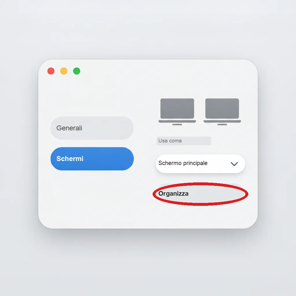 Ricostruzione delle Impostazioni di Sistema del Mac, scheda Schermi, con il pulsante Organizza cerchiato in rosso