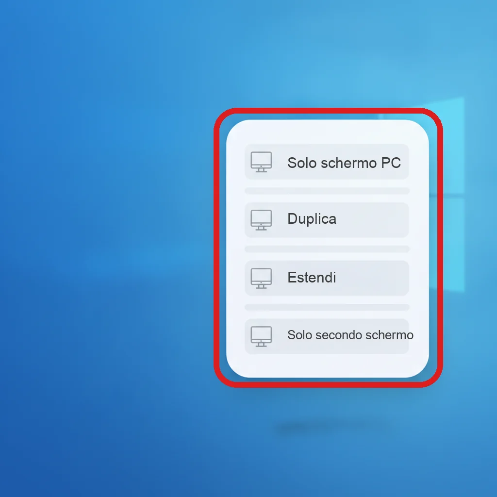 Ricostruzione del pannello che compare premendo Windows + P, con le quattro opzioni Solo schermo PC, Duplica, Estendi e Solo secondo schermo