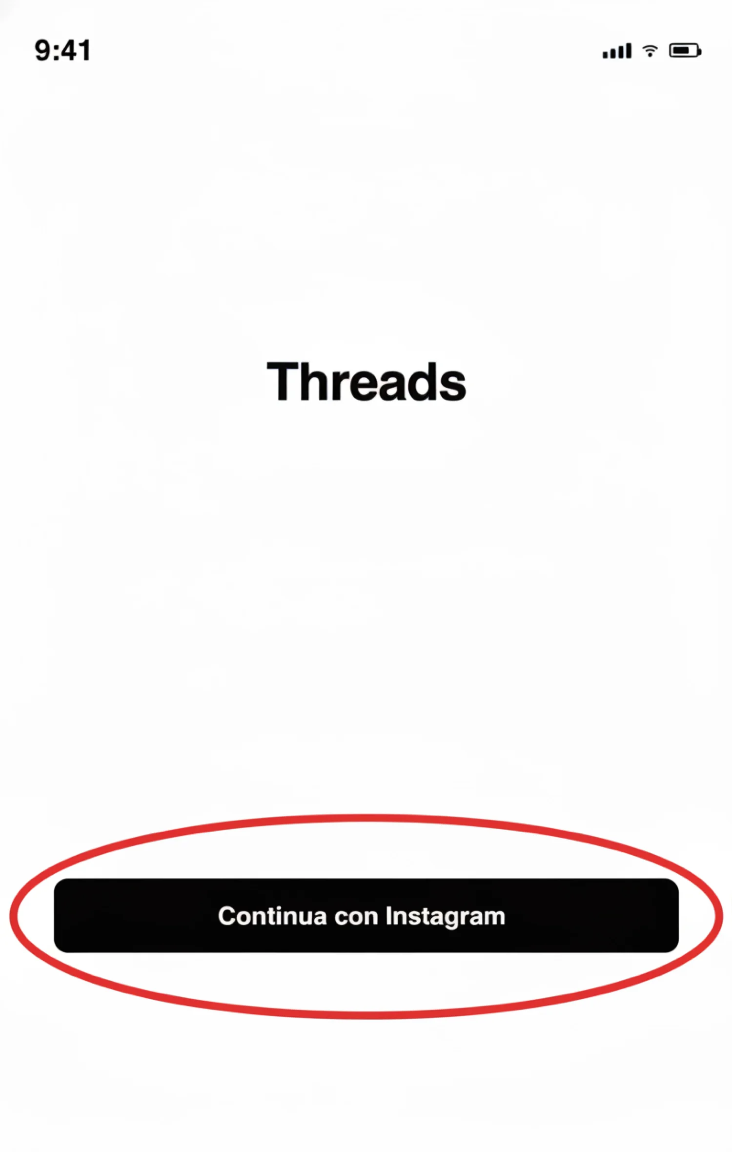 Illustrazione ricostruita: la schermata di accesso dell'app Threads, con il pulsante «Continua con Instagram»