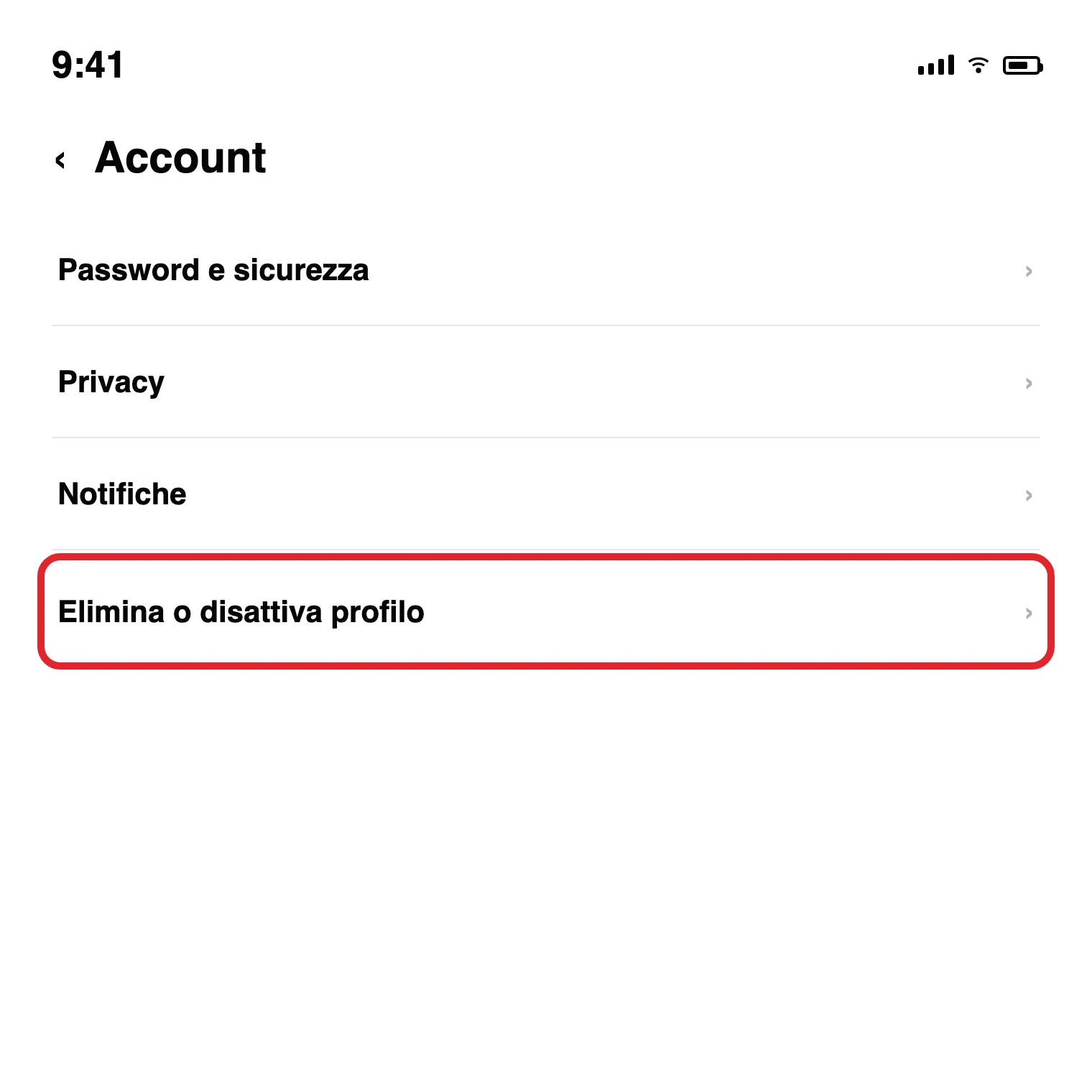 Illustrazione ricostruita: la schermata Account di Threads, con la voce «Elimina o disattiva profilo» cerchiata in rosso (dicitura non confermata da fonte ufficiale: i blog italiani consultati sono discordanti fra loro)