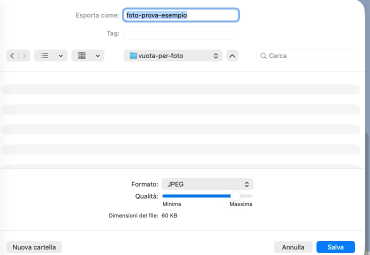 Anteprima su Mac, finestra Esporta con il formato JPEG scelto e il cursore Qualità visibile