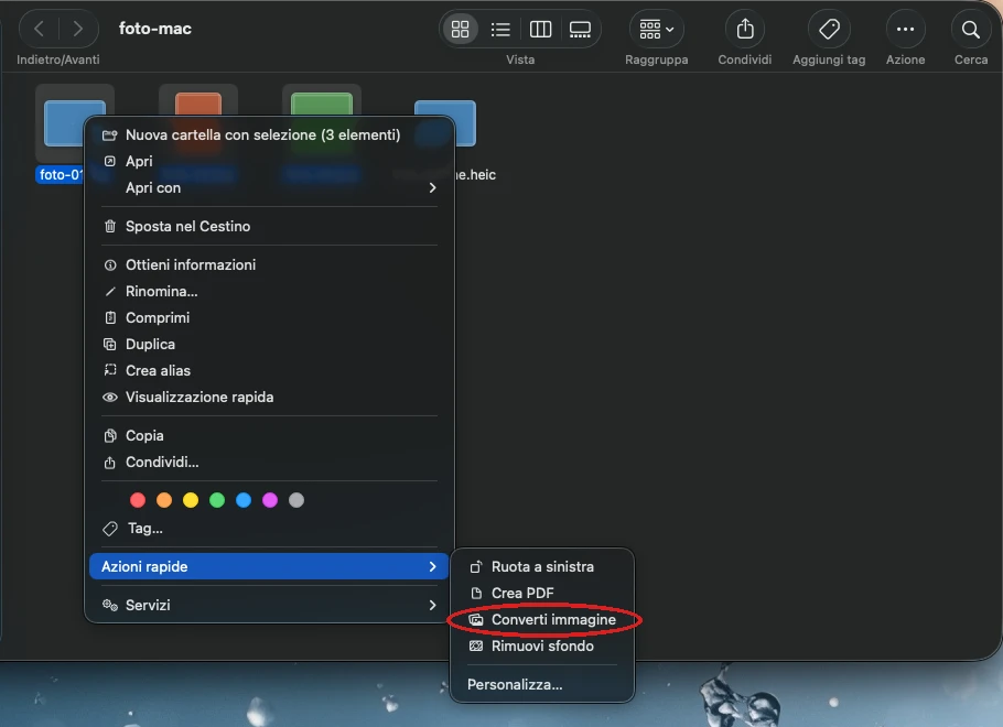 Il Finder con più foto selezionate e il menu delle Azioni rapide aperto sulla voce Converti immagine
