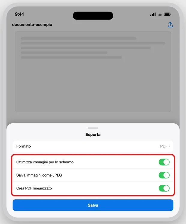 Illustrazione ricostruita dell'app Anteprima su iPhone, con un PDF aperto e il pannello Esporta mostrato: le tre opzioni Ottimizza immagini per lo schermo, Salva immagini come JPEG e Crea PDF linearizzato, cerchiate in rosso
