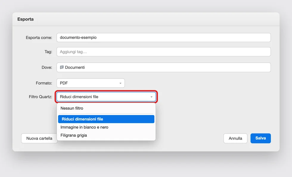 Illustrazione ricostruita della finestra Esporta di Anteprima su Mac, con il menu «Filtro Quartz» aperto e la voce «Riduci dimensioni file» cerchiata in rosso