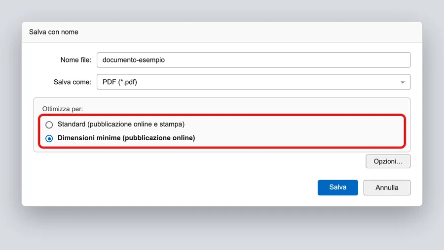 Illustrazione ricostruita della finestra «Salva con nome» di Word su Windows, con il formato PDF scelto e le due opzioni «Standard (pubblicazione online e stampa)» e «Dimensioni minime (pubblicazione online)» cerchiate in rosso