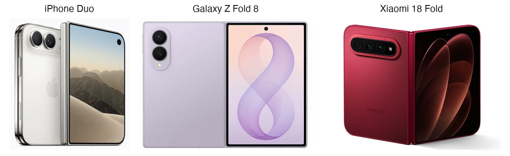 I tre telefoni a confronto, aperti: iPhone Duo, Galaxy Z Fold 8 e Xiaomi 18 Fold. Montaggio di immagini ufficiali dei produttori (Apple, Samsung, Xiaomi), non foto scattate da noi e non in scala fra loro: le proporzioni reali stanno nella tabella