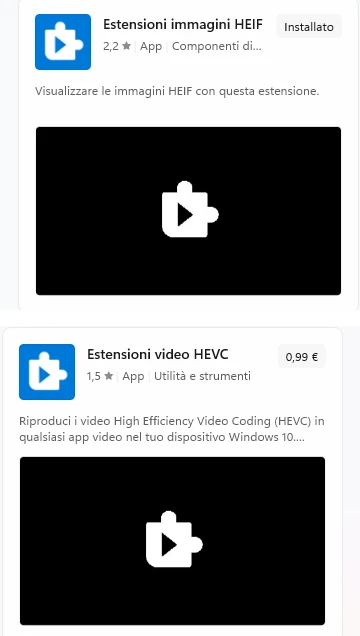 Le due estensioni nel Microsoft Store: «Estensioni immagini HEIF» (installata, gratis) ed «Estensioni video HEVC» (0,99 €)