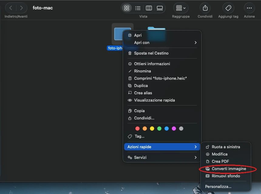 Il Finder con un file .heic selezionato e il menu delle Azioni rapide aperto sulla voce Converti immagine