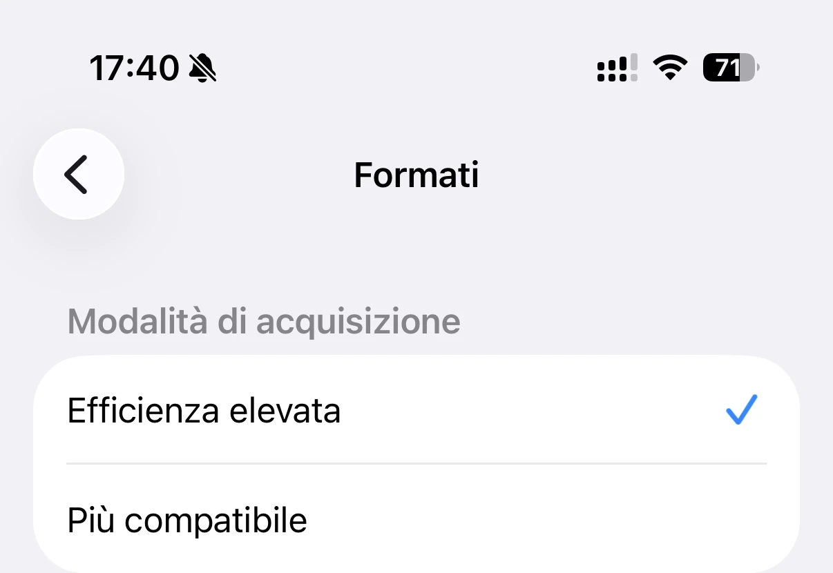Impostazioni dell'iPhone, schermata Fotocamera > Formati, con le due opzioni «Più compatibile» ed «Efficienza elevata» (quest'ultima spuntata)
