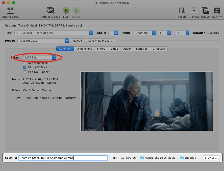 HandBrake con un video caricato nella scheda Summary: il menu Format, cerchiato in rosso, impostato su «MP4 File» — schermata dalla documentazione ufficiale HandBrake