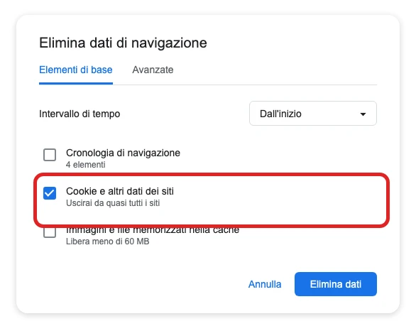 Ricostruzione della finestra «Elimina dati di navigazione» di Chrome su computer, con la casella «Cookie e altri dati dei siti» selezionata
