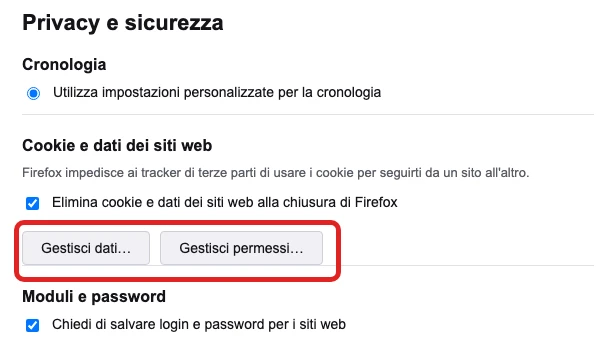 Ricostruzione del pannello Privacy e sicurezza di Firefox, sezione «Cookie e dati dei siti web», con il pulsante «Gestisci dati» in evidenza