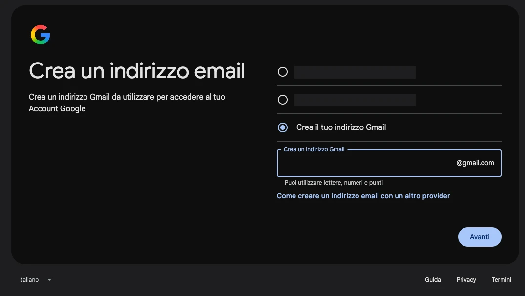 La schermata che chiede di scegliere un indirizzo Gmail suggerito o crearne uno personalizzato (indirizzi suggeriti coperti)