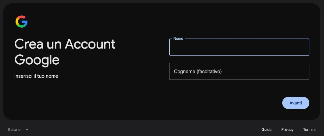 La pagina accounts.google.com/signup con i campi Nome e Cognome vuoti