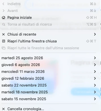 Il menu Cronologia di Safari sul Mac, con la voce «Cancella cronologia…» in fondo