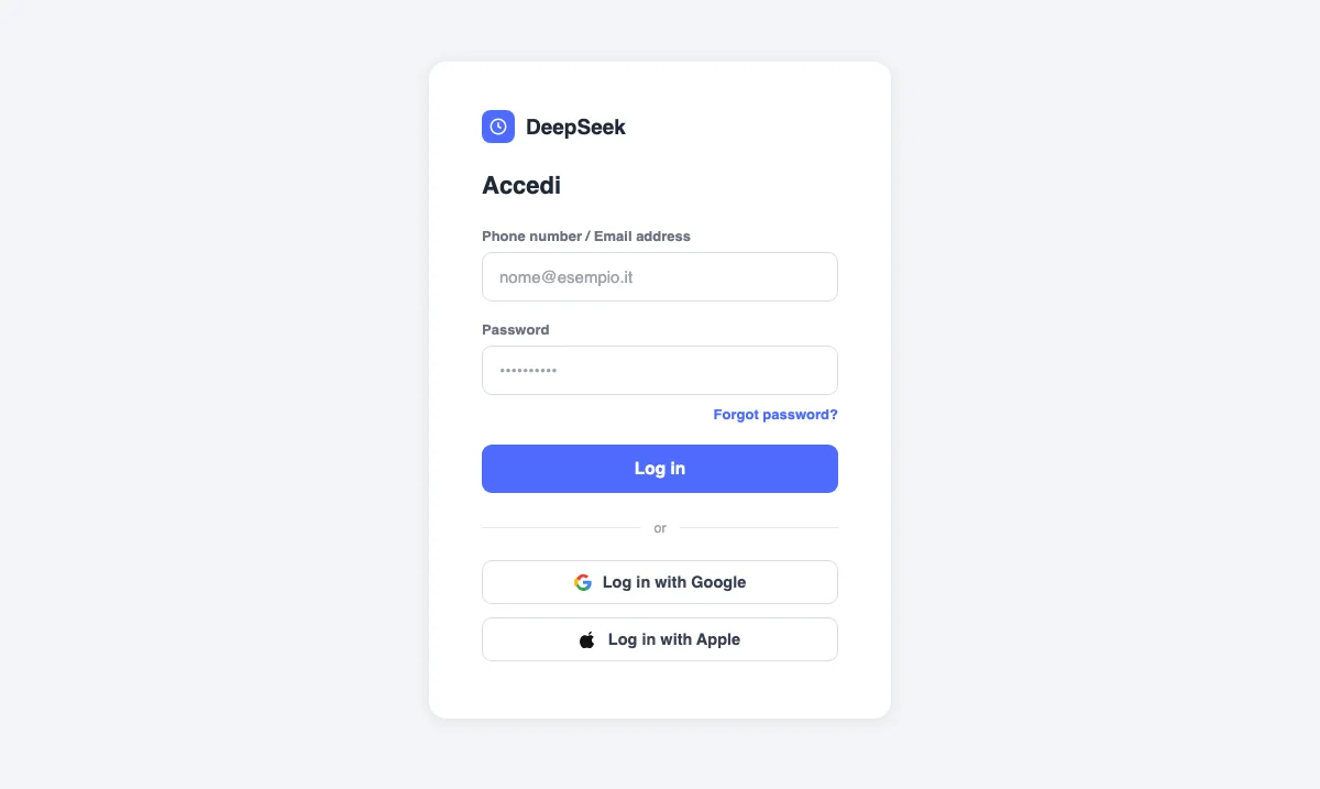 Ricostruzione della pagina di accesso di chat.deepseek.com, con i campi per email o telefono e password, e le alternative Google e Apple.