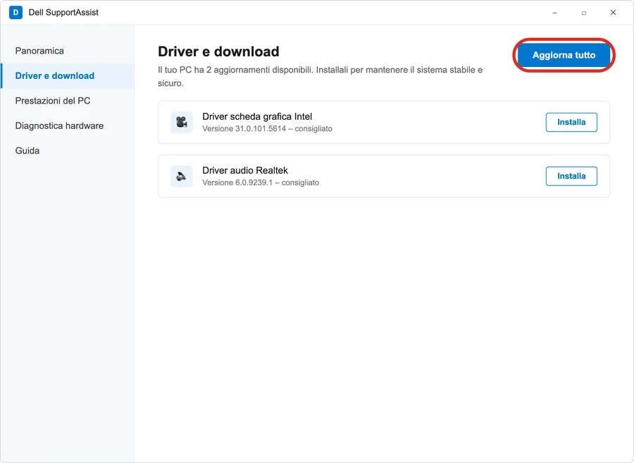 La finestra principale di Dell SupportAssist, sezione «Driver e download», con il pulsante «Aggiorna tutto» in evidenza. Illustrazione ricostruita, non uno screenshot reale: né la pagina ufficiale Dell né quella NVIDIA lette in questa ricerca includono uno screenshot dell'interfaccia del programma.