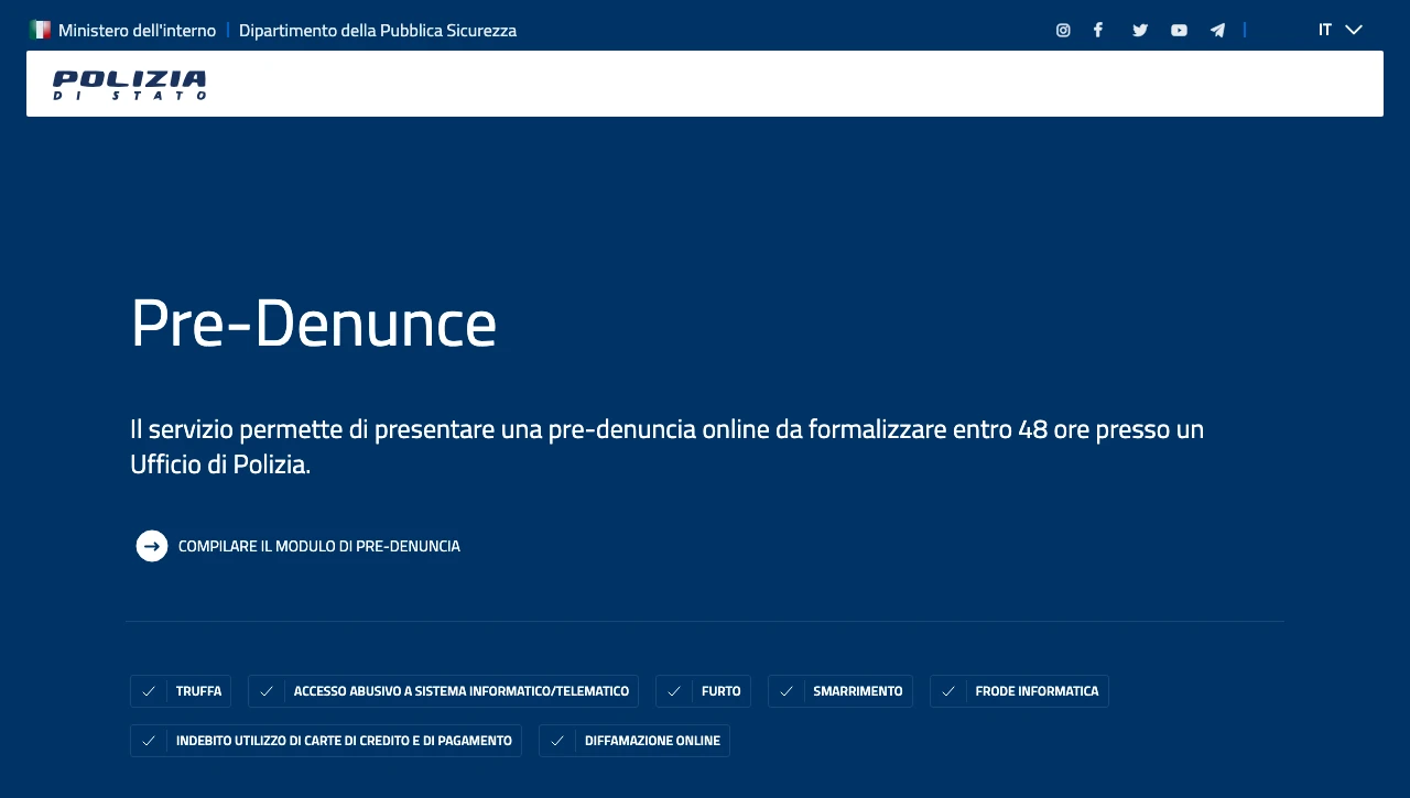 Home del portale ufficiale denunceonline.poliziadistato.it: il pulsante «Compilare il modulo di pre-denuncia» (porta al login SPID/CIE) e l'elenco dei reati coperti dal servizio.