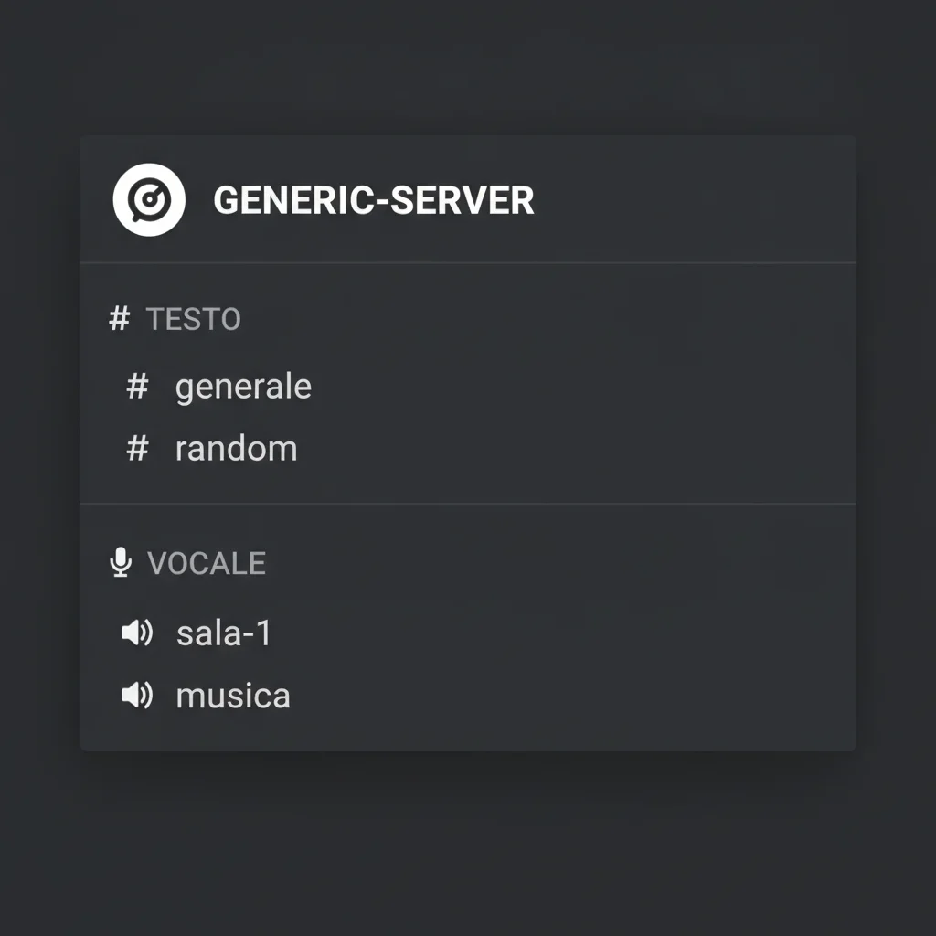 L'elenco dei canali di testo e vocali di un server, colonna a sinistra (illustrazione ricostruita, non uno screenshot reale)