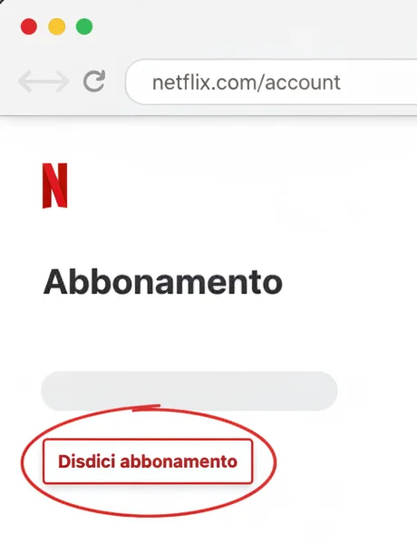 La pagina Account di Netflix, sezione «Abbonamento», con il pulsante «Disdici abbonamento» cerchiato in rosso (ricostruzione, non una schermata reale: la pagina ufficiale di supporto Netflix mostra solo un'illustrazione generica con testo segnaposto, non uno screenshot vero dell'account)