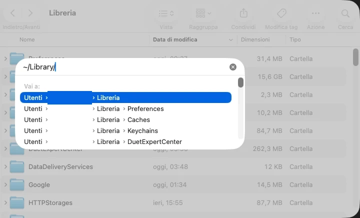 La finestra «Vai alla cartella» del Finder con scritto ~/Library, prima di premere Invio