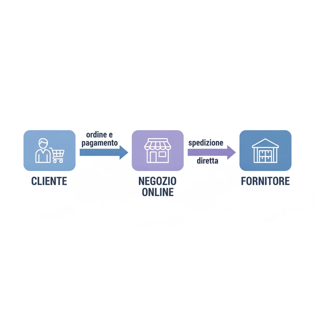 Schema del flusso dropshipping: cliente, negozio online e fornitore, con le frecce dell'ordine, del pagamento e della spedizione diretta