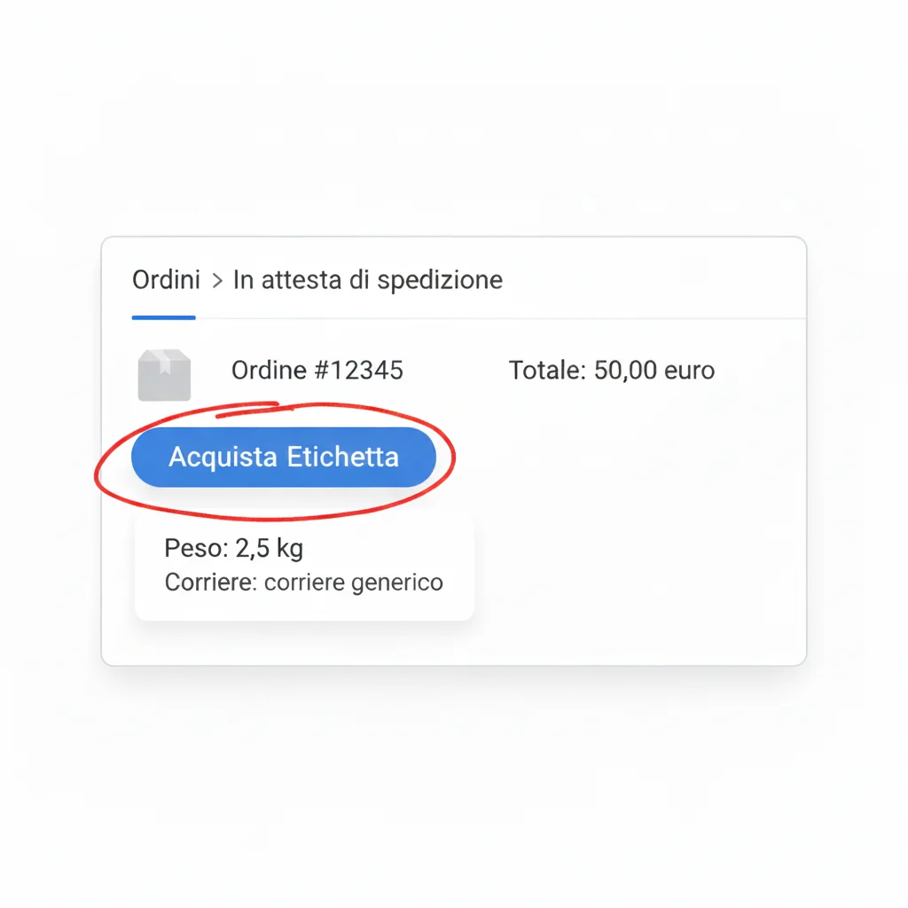 Pannello ordini di un marketplace: il pulsante per acquistare l'etichetta di spedizione di un ordine concluso (illustrazione ricostruita, non uno screenshot reale)