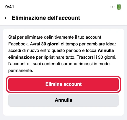 Illustrazione ricostruita della schermata di conferma dell'eliminazione definitiva, col pulsante «Elimina account» in evidenza e l'avviso sui 30 giorni di grazia