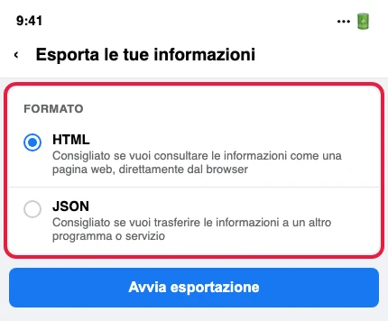 Illustrazione ricostruita della schermata «Esporta le tue informazioni» dentro il Centro gestione account, con le opzioni di formato HTML e JSON in evidenza