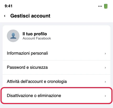 Illustrazione ricostruita della schermata «Gestisci account» del Centro gestione account, con la voce «Disattivazione o eliminazione» in evidenza