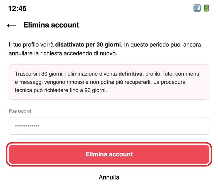 Illustrazione ricostruita: la schermata di conferma dell'eliminazione, con l'avviso sui 30 giorni e il pulsante «Elimina account» cerchiato in rosso