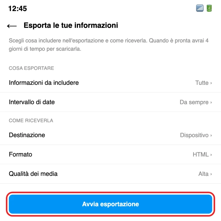Illustrazione ricostruita: la schermata «Esporta le tue informazioni» con le opzioni di cosa esportare e il pulsante «Avvia esportazione» cerchiato in rosso