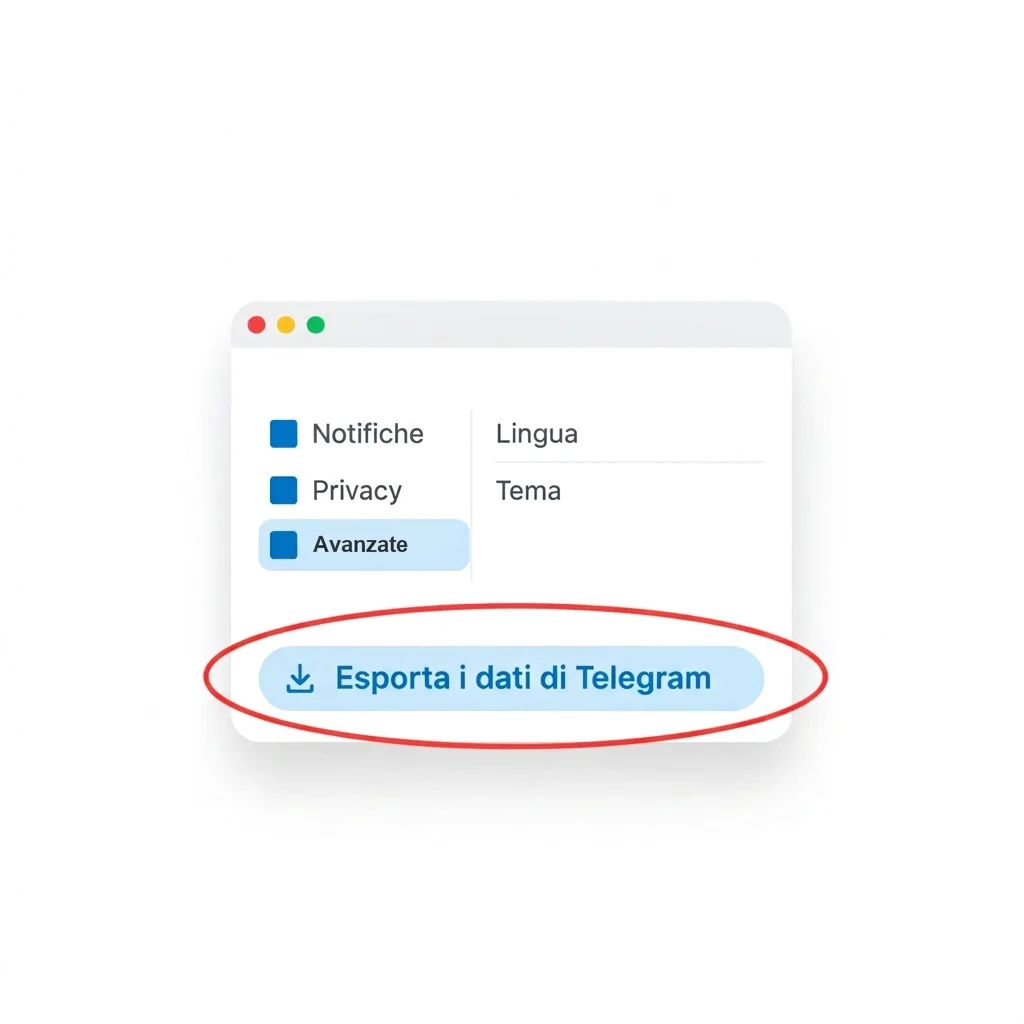 Ricostruzione di Telegram Desktop, menu Impostazioni → Avanzate, con il pulsante «Esporta i dati di Telegram»