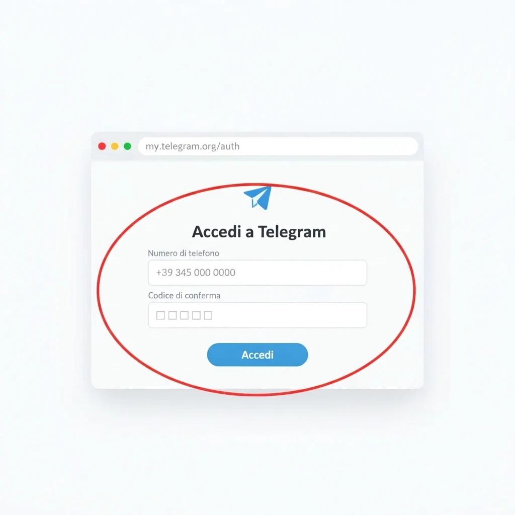 Ricostruzione del modulo di accesso su my.telegram.org, con i campi «Numero di telefono» e «Codice di conferma»
