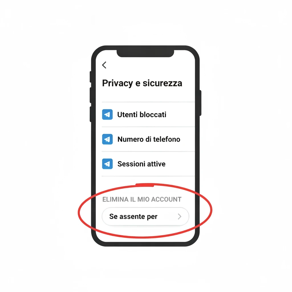 Ricostruzione di Impostazioni → Privacy e sicurezza, con la sezione «Elimina il mio account» e la voce «Se assente per» in fondo (su iPhone la stessa sezione si chiama «Elimina automaticamente il mio account»)